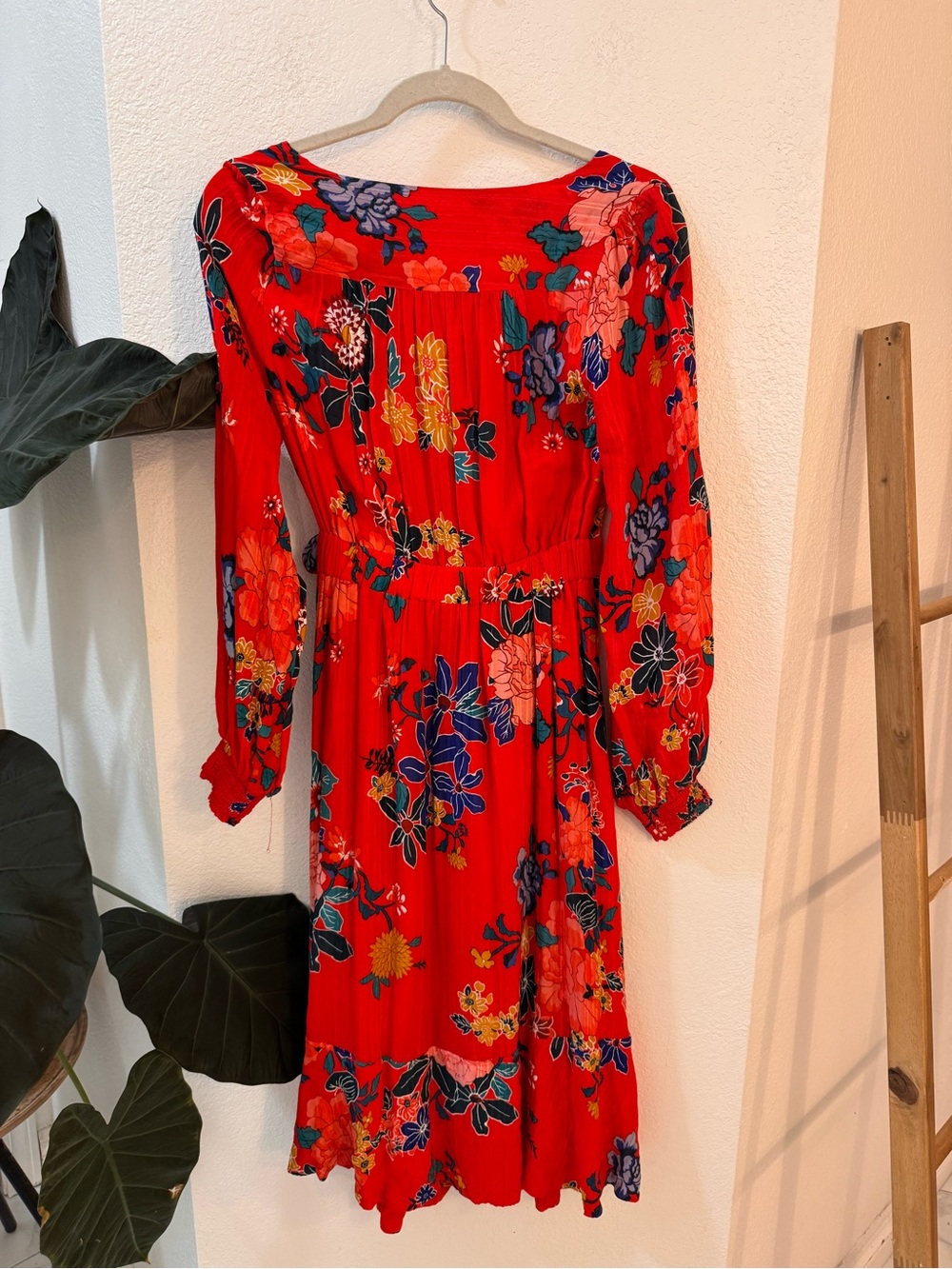 NWT Anthropologie Red Floral Wrap Midi Dress W/Tie Waist Long Sleeve Bohemian - Picture 9 of 13